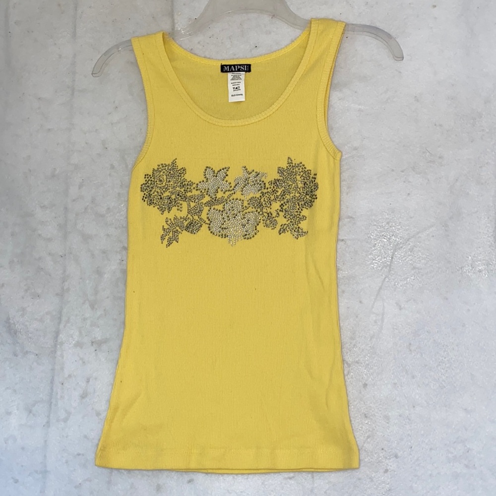 Yellow Mapsi USA Floral Rhinestone Bling Appliquéd Tank Top